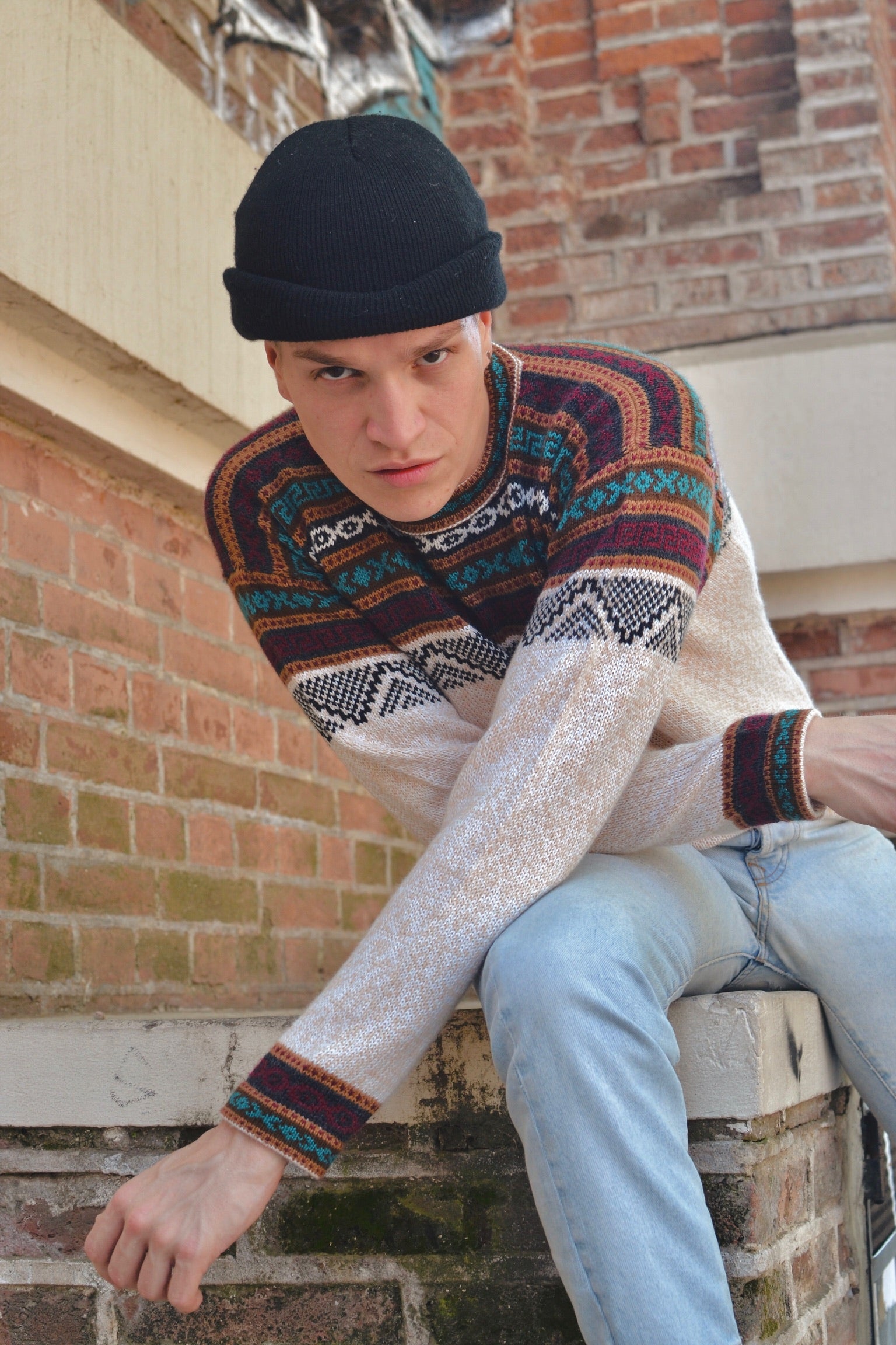 Alpaca Sweater Rib Knit Ethnic Pattern