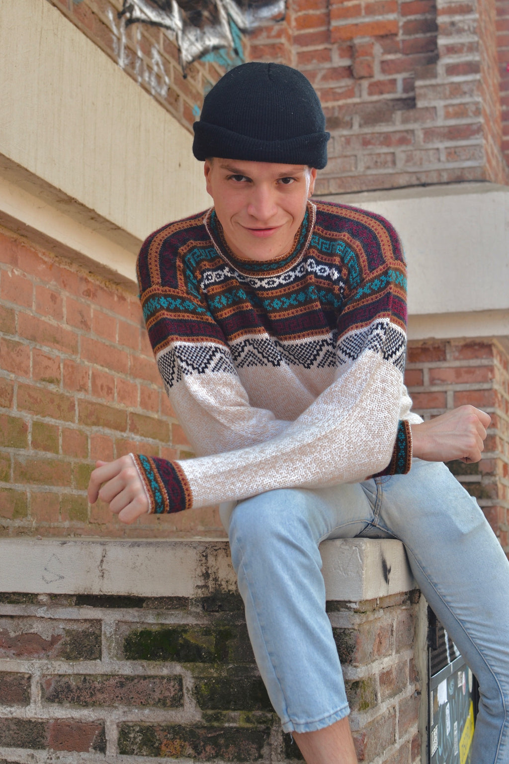 Alpaca Sweater Rib Knit Ethnic Pattern